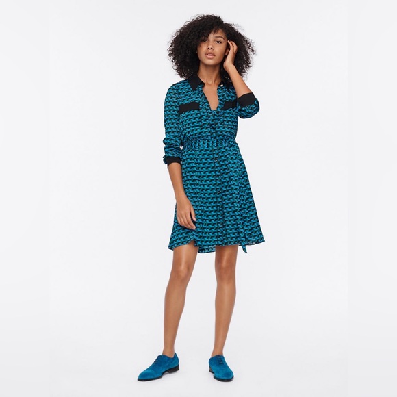 Diane Von Furstenberg Dresses & Skirts - DVF Shirt Dresses | Andi Mesh Mini Shirt Dress L Geo Emerald/Black- size M